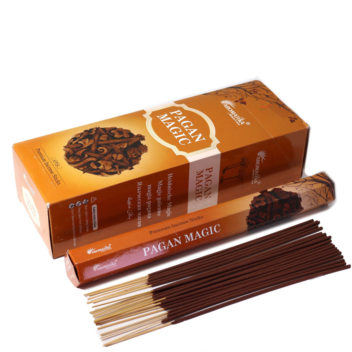 Aromatika Charcoal Free Hex Incense, Pagan Magic, orange box and stick packet beside loose brown incense sticks