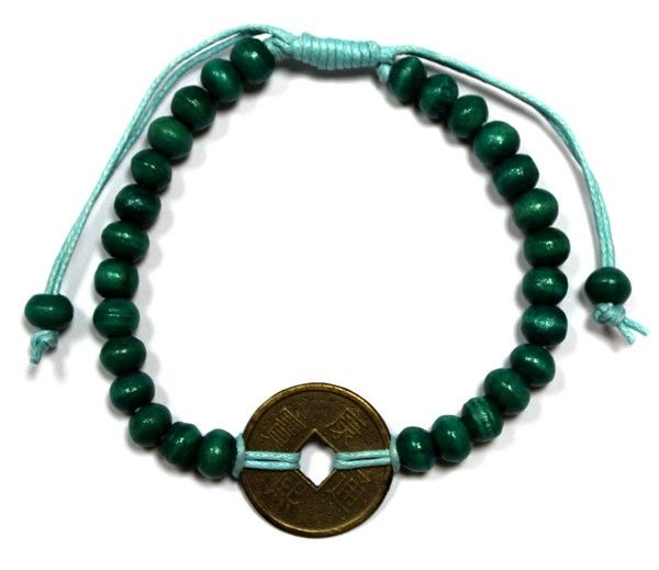 Green wooden bead bracelet with a central coin and matching cord
