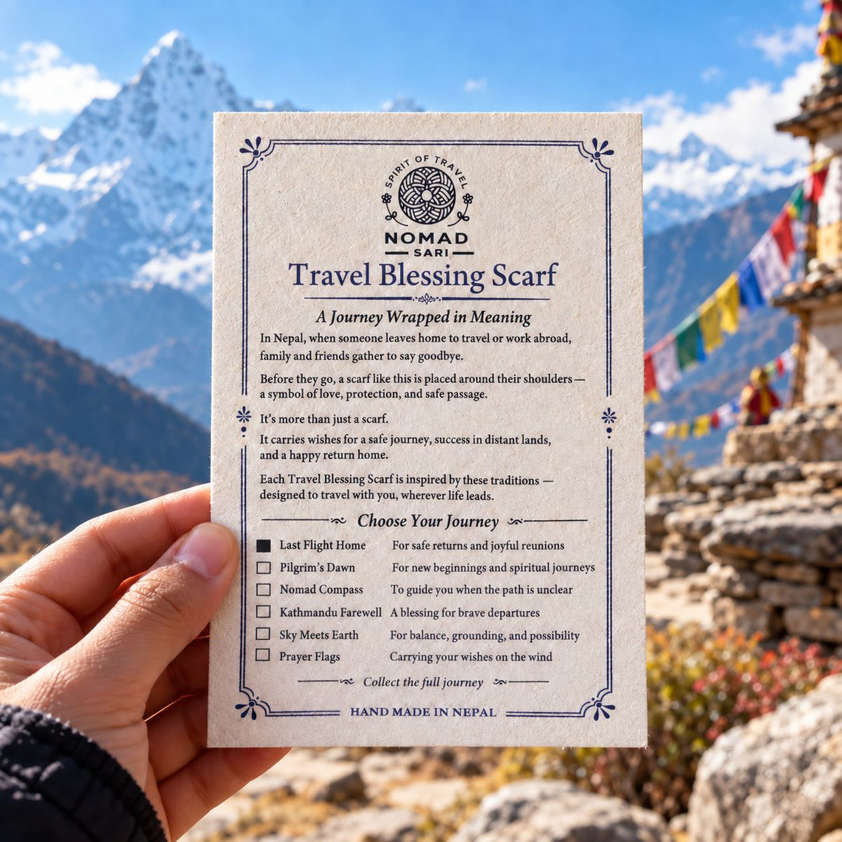 Travel Blessing Scarf card held against a mountain backdrop