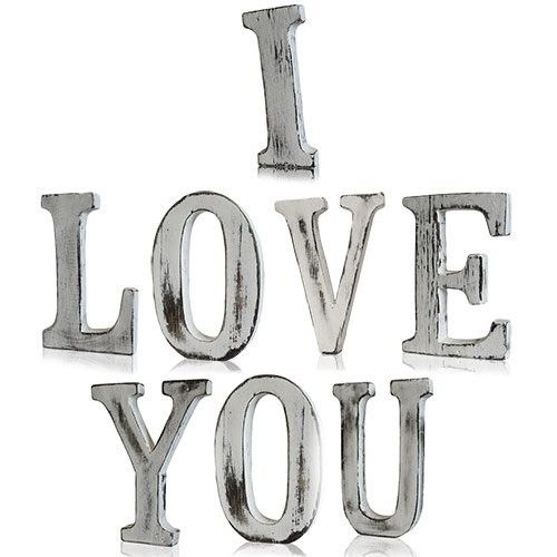 Shabby Chic Letters, I LOVE YOU in distressed grey lettering arranged on a white background