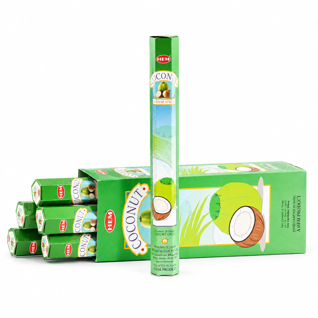HEM Coconut incense pack shown with several matching packs