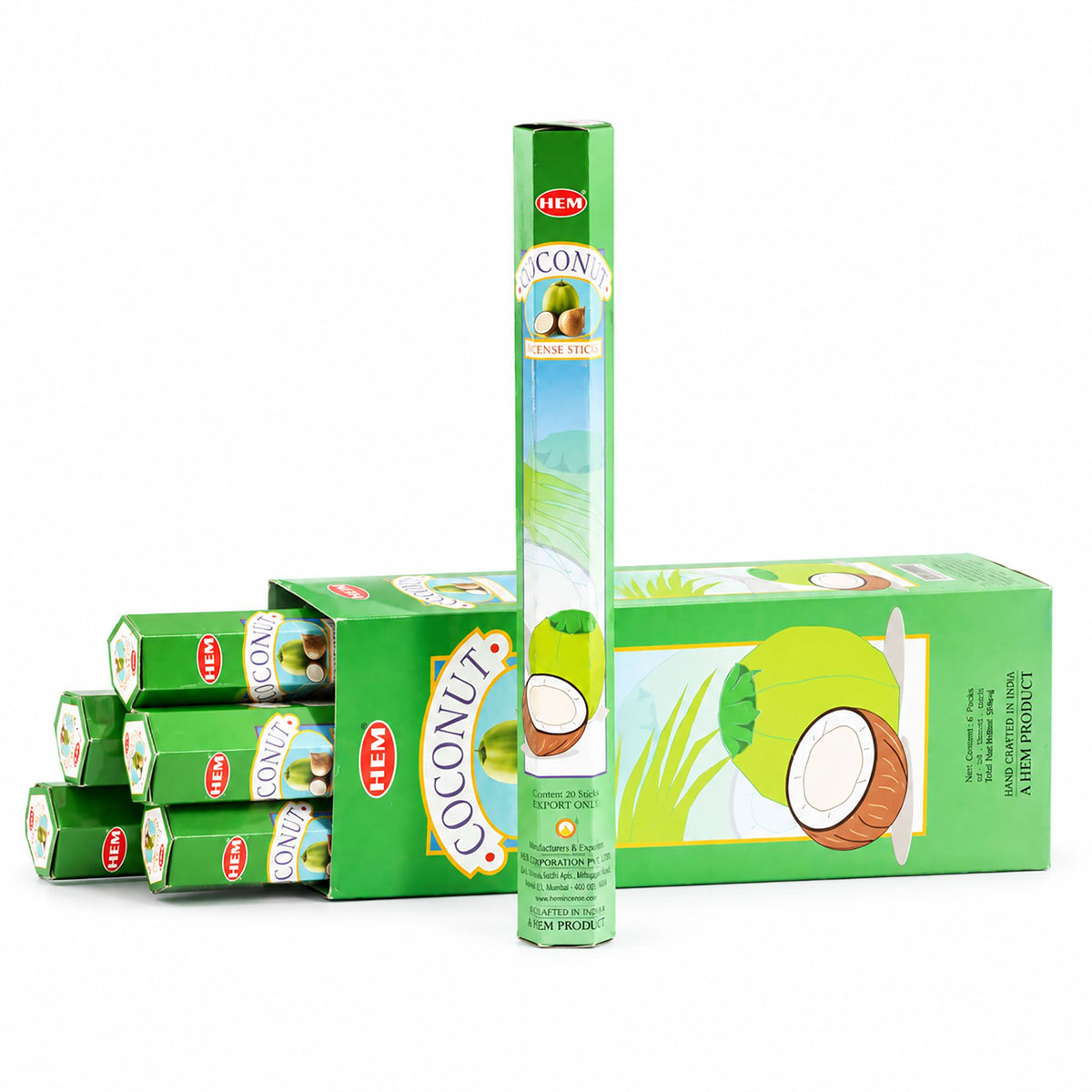 HEM Coconut incense pack shown with several matching packs
