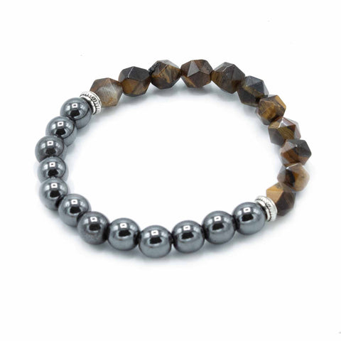 Tiger Eye bracelet arranged in a circle, showing brown faceted beads and a row of silver-grey round beads