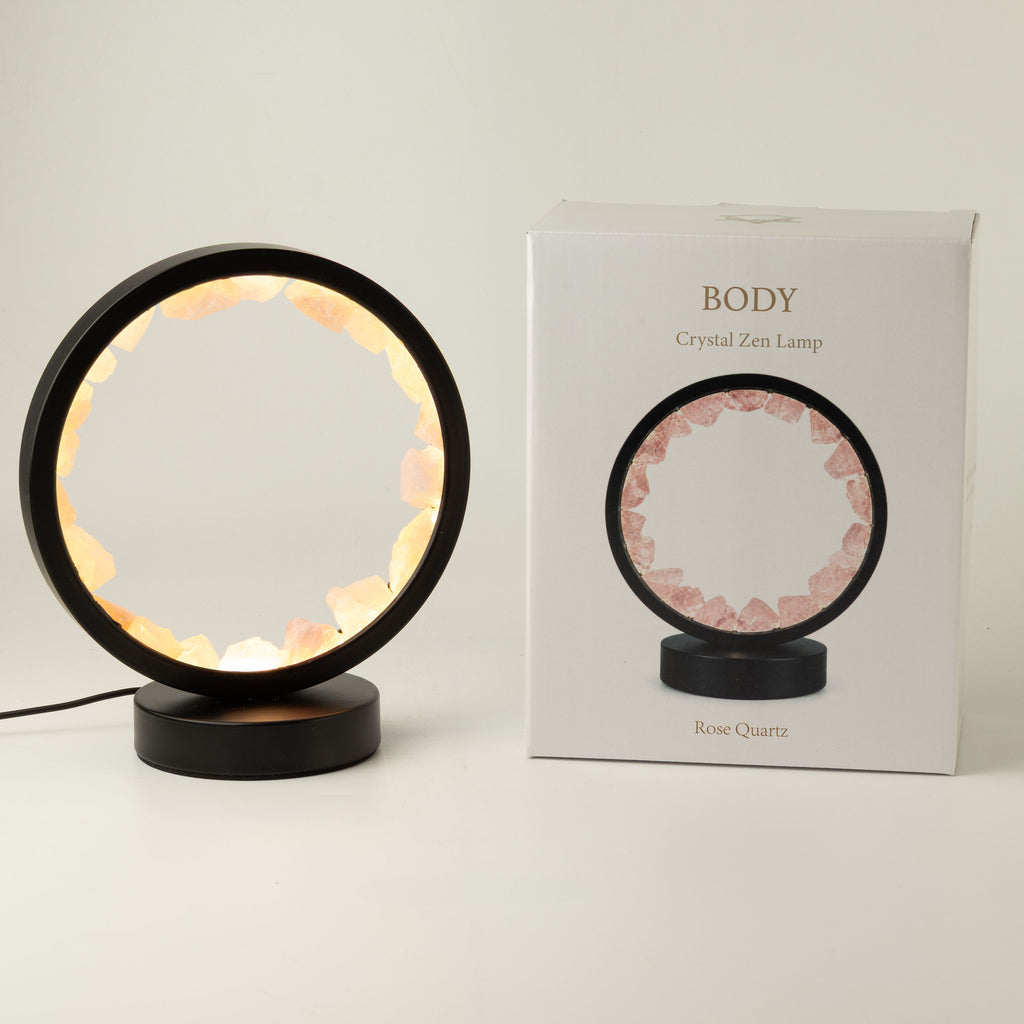Rose quartz halo lamp beside its product box