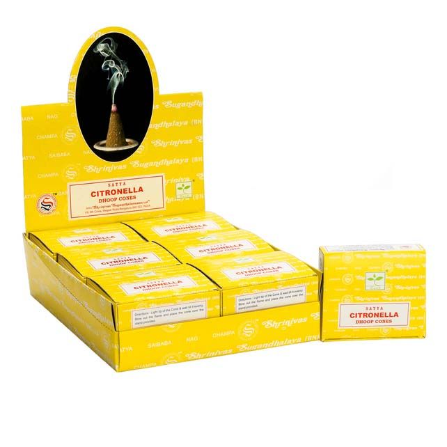 Citronella Dhoop Cones in yellow display packaging with several boxes and one separate box