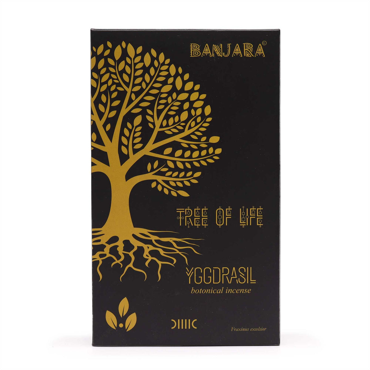 Banjara Yggdrasil Tree incense box shown upright from the front, with a gold tree design