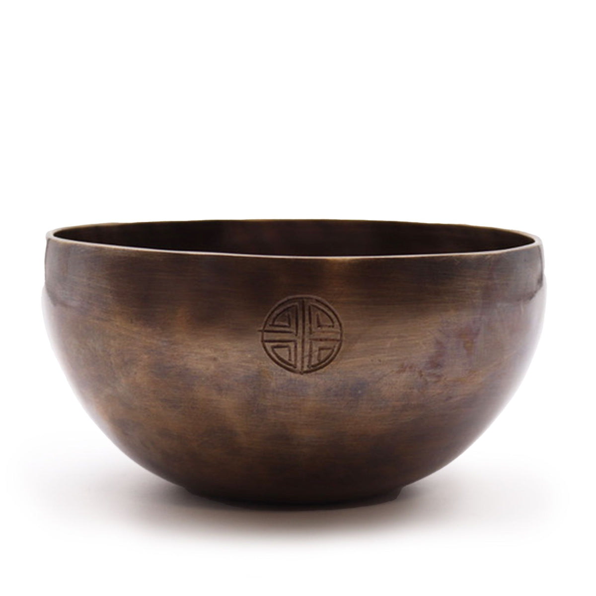 Large Indian Moon Phase Singing Bowl, dark brown bowl shown from the front with a circular engraved symbol