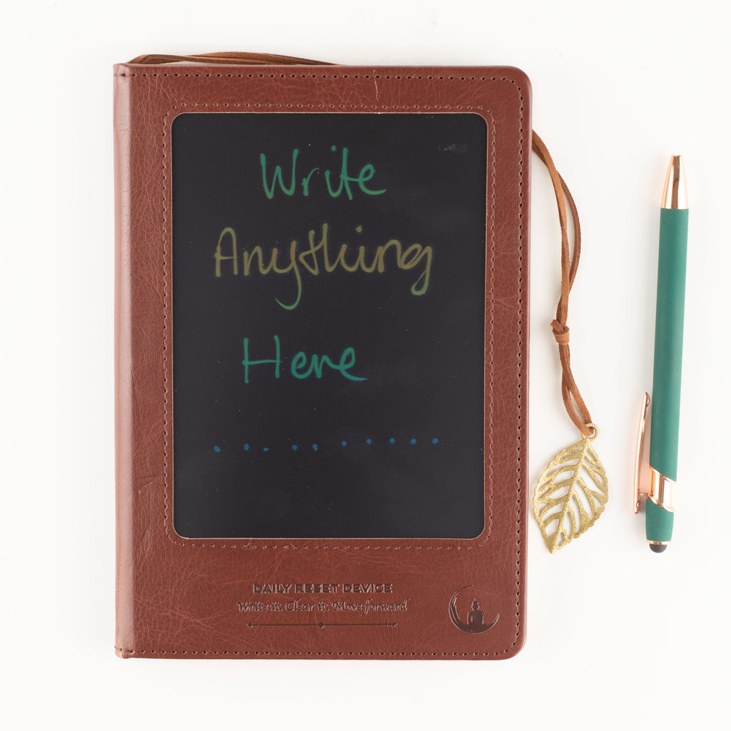 Brown notebook screen showing handwritten words beside a pen