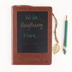 Brown notebook screen showing handwritten words beside a pen