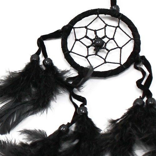 Bali Dreamcatchers, close-up of a black round web with hanging black feathers on a white background