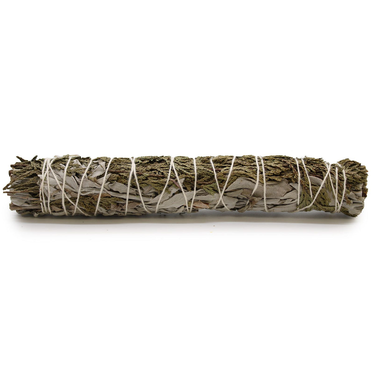 Smudge Stick, White Sage & Cedar 22 cm, bound leafy bundle shown horizontally on a white background