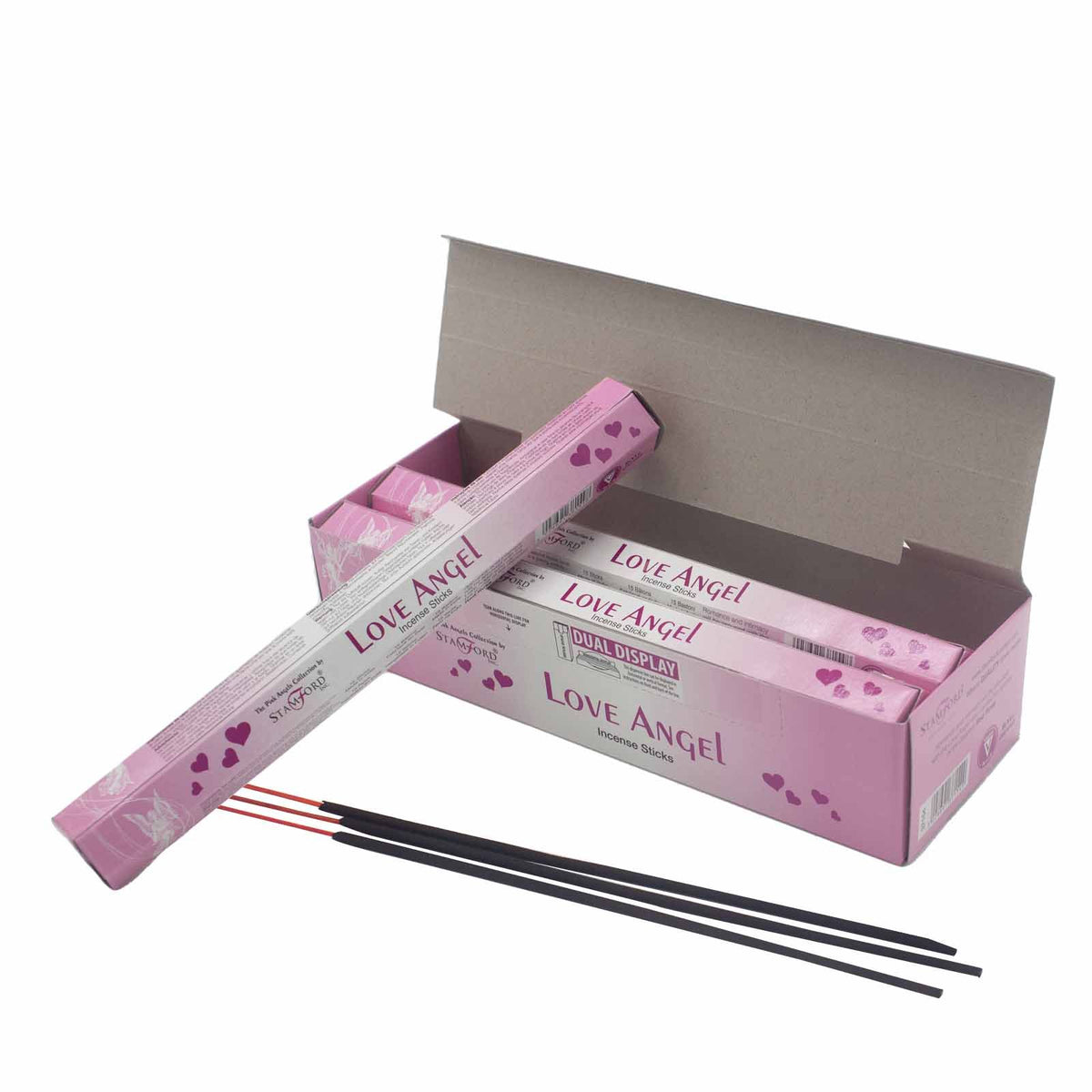 Love Incense Sticks in pink Love Angel packaging, open display box with a packet and loose sticks