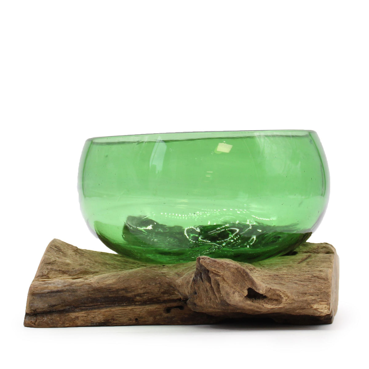 Recycled Beer Bottles, Wide Bowl on Wood, green glass bowl shown from the front on a wood base