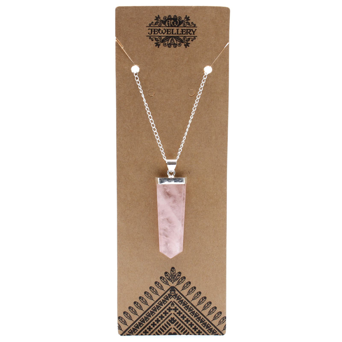 Gemstone Flat Pencil Pendant, Rose Quartz, pale pink pendant on a silver chain against a brown card