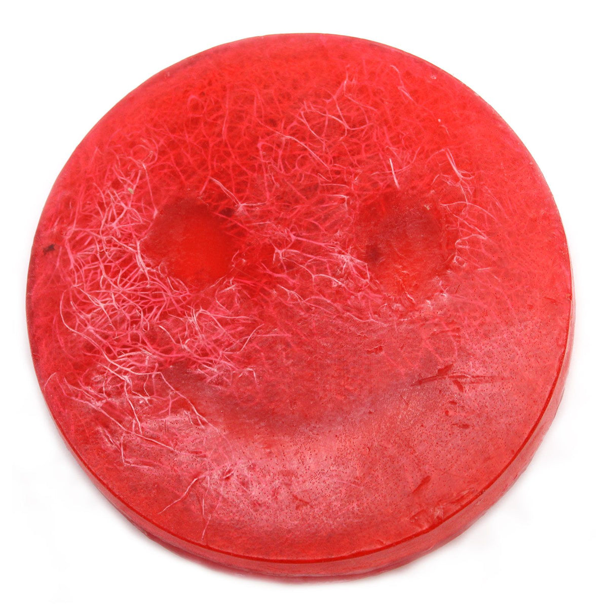Red-pink scrub soap shown from the back on a white background, with its textured fibres visible