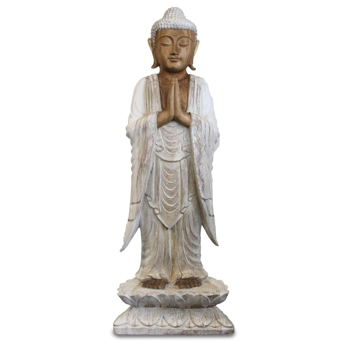 Whitewashed standing Buddha statue shown alone from the front against a plain white background