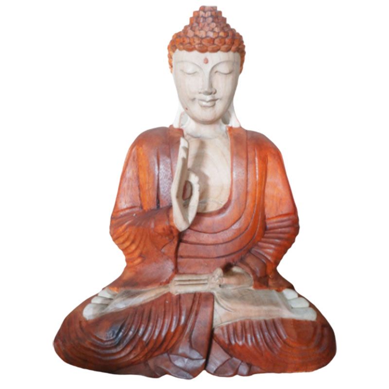 Seated Buddha statue shown from the front, with one hand raised and reddish brown robes