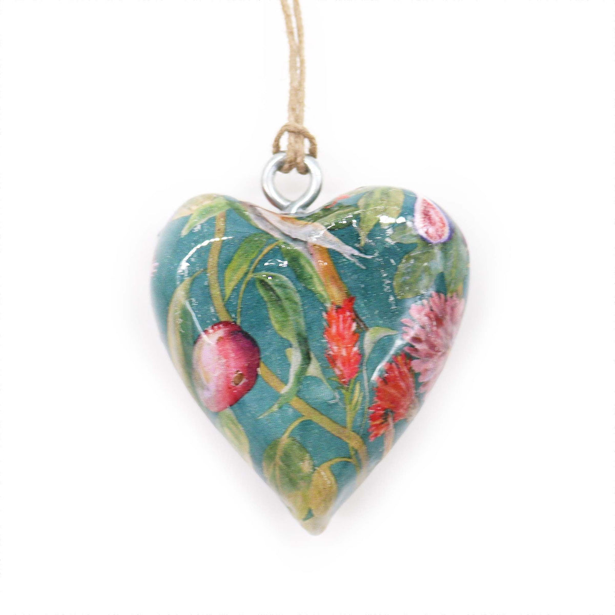 Decor Wood Heart, Bird & Floral, close-up of a blue-green painted heart with floral details hanging on twine