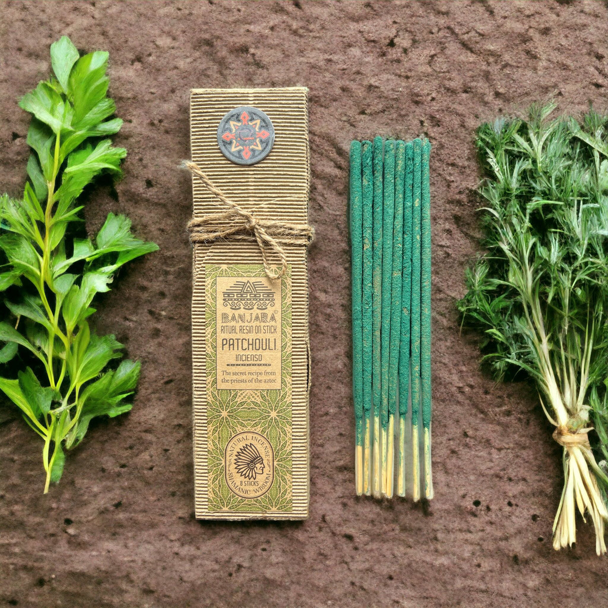 Ritual Resin on Stick, Patchouli, green sticks beside a decorative box and leafy sprigs