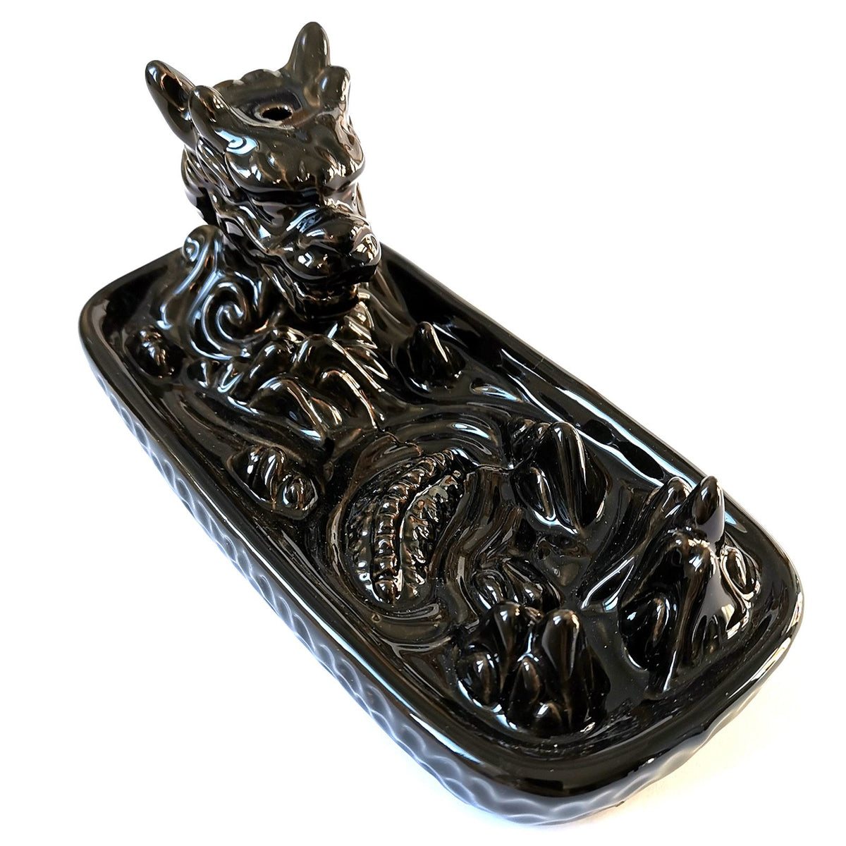 Backflow Incense Burner, Dragon in Mountain, glossy black dragon rising from a sculpted mountain tray, angled view