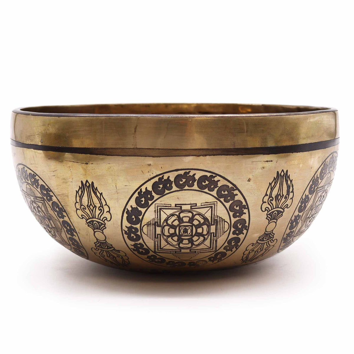 Tibetan Healing Engraved Bowl, 21cm, 5 Buddhas, gold-toned bowl shown from the side
