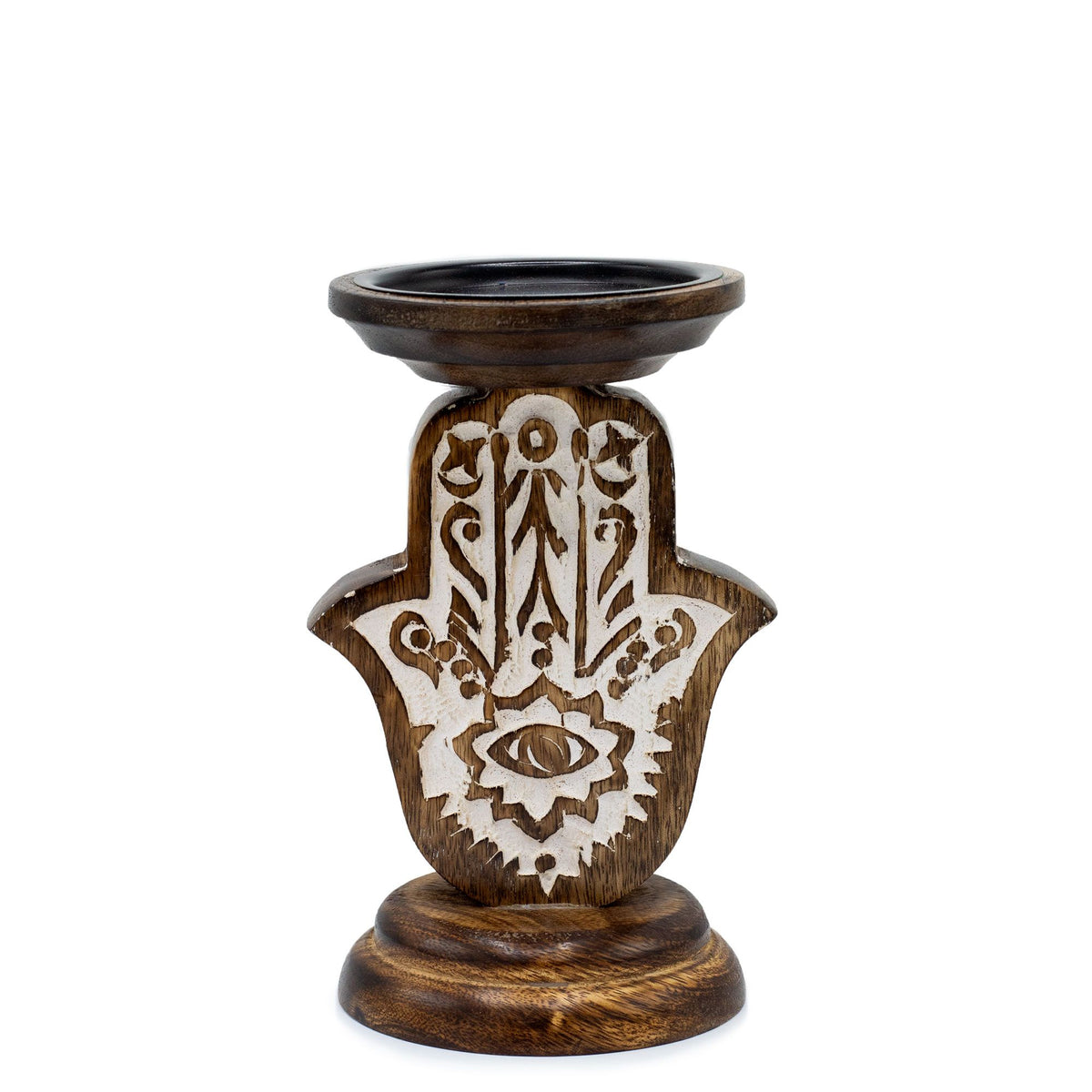 Small Hamsa candle stand shown straight on against white, with its carved hand design facing forward
