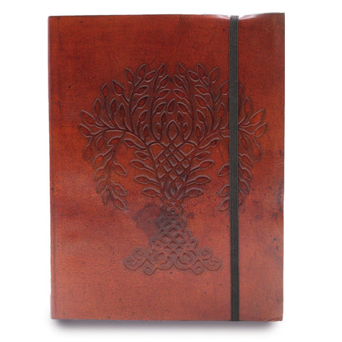 Medium Notebook with strap, Tree of Life, reddish brown cover with an embossed tree and black strap
