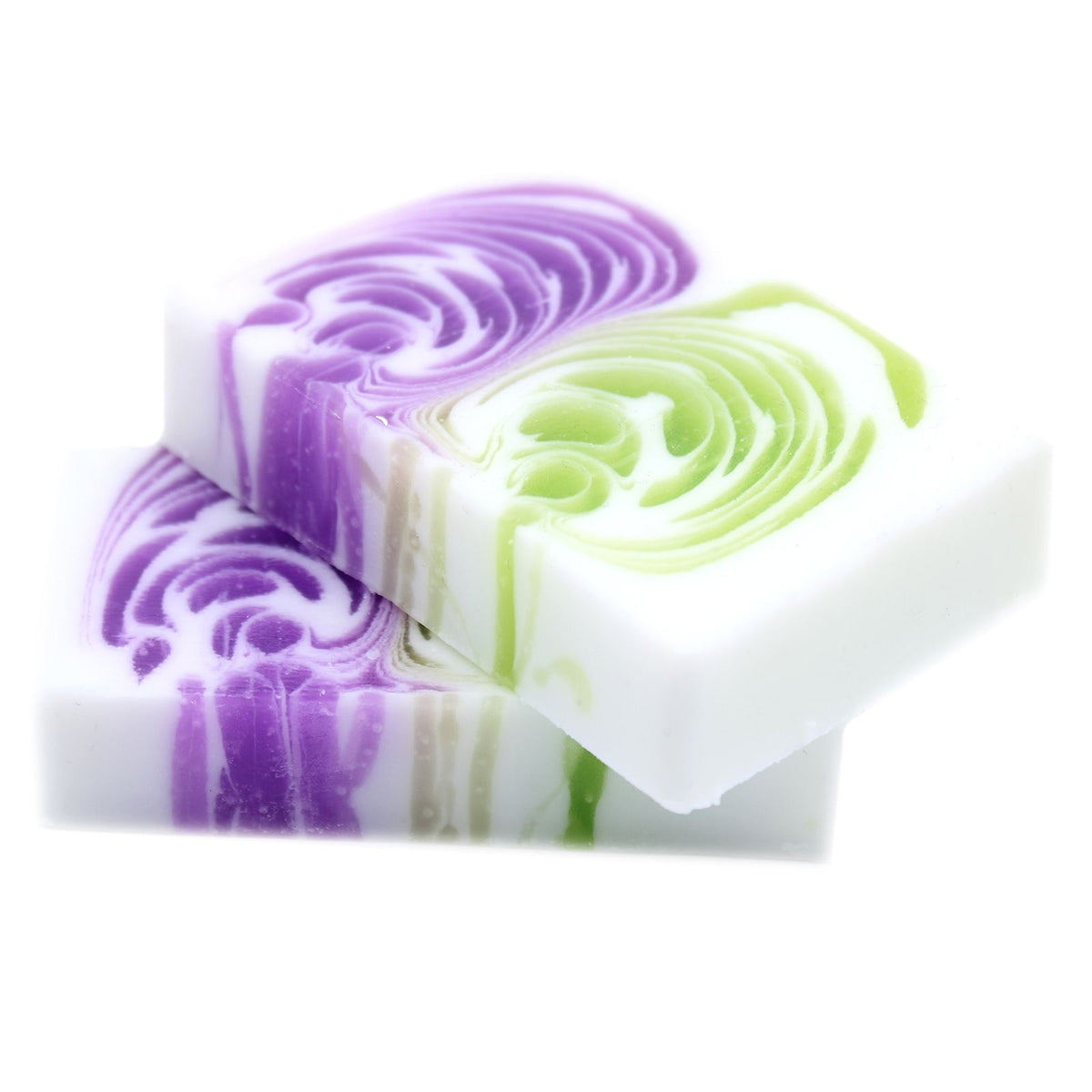 Handcrafted Soap 100g Slice, Dewberry, white soap with purple and green swirls, shown in a close-up