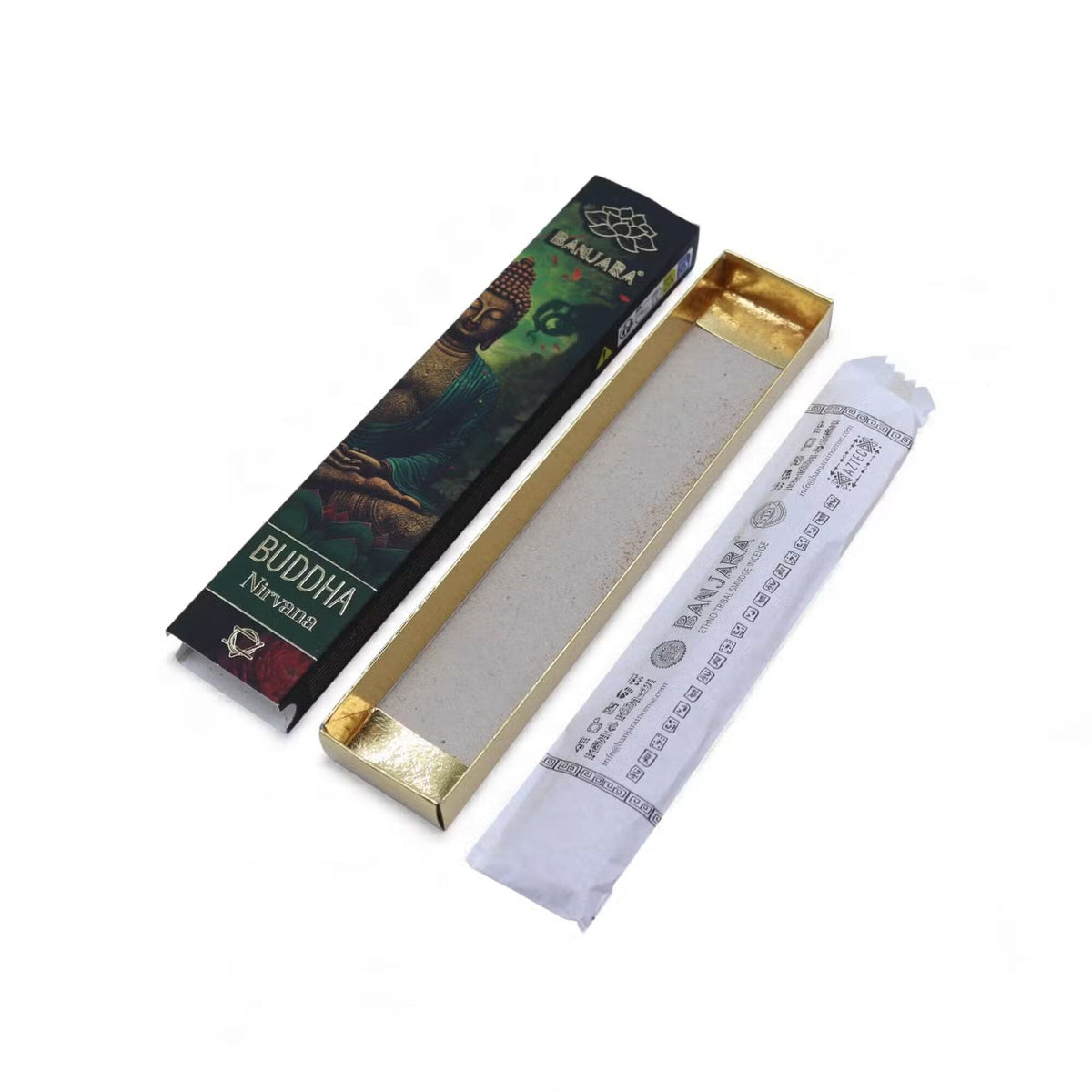 Buddha Nirvana incense box, gold-lined tray and wrapped sticks arranged open