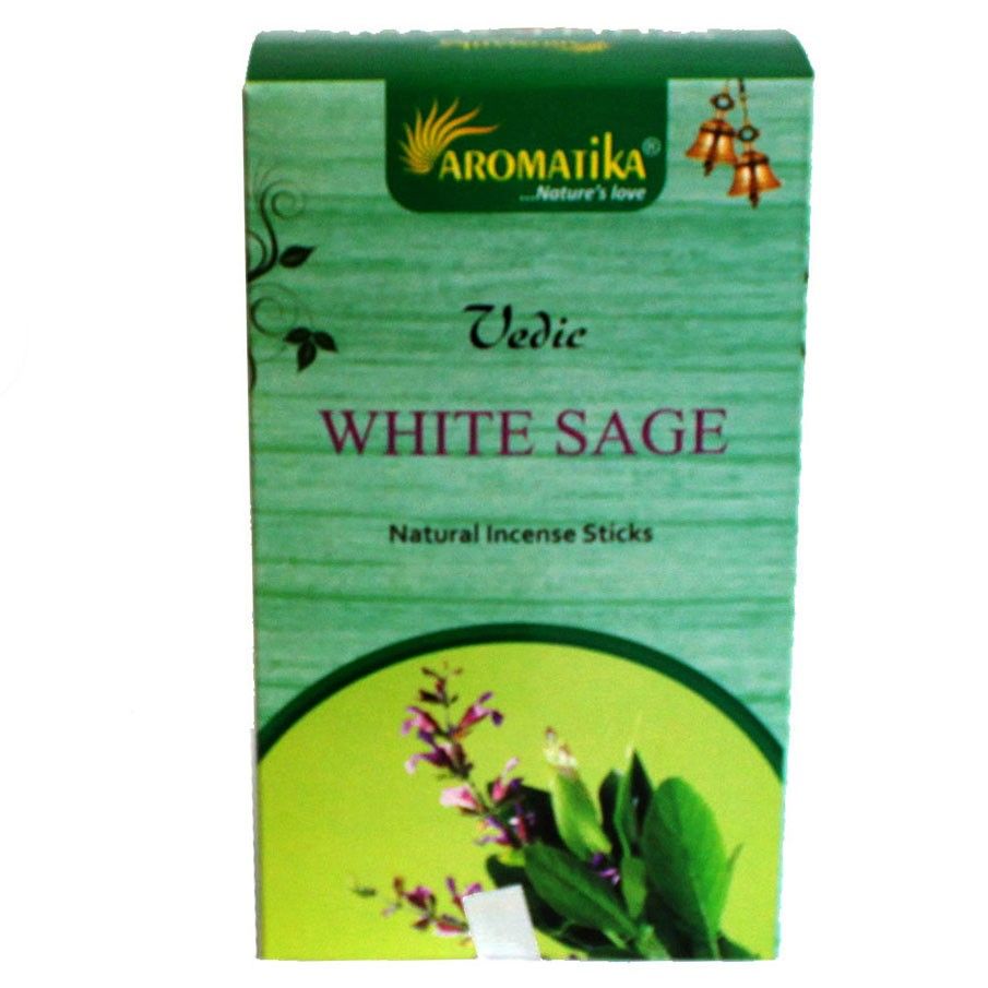 Vedic White Sage incense sticks in a green front-facing carton on a plain white background