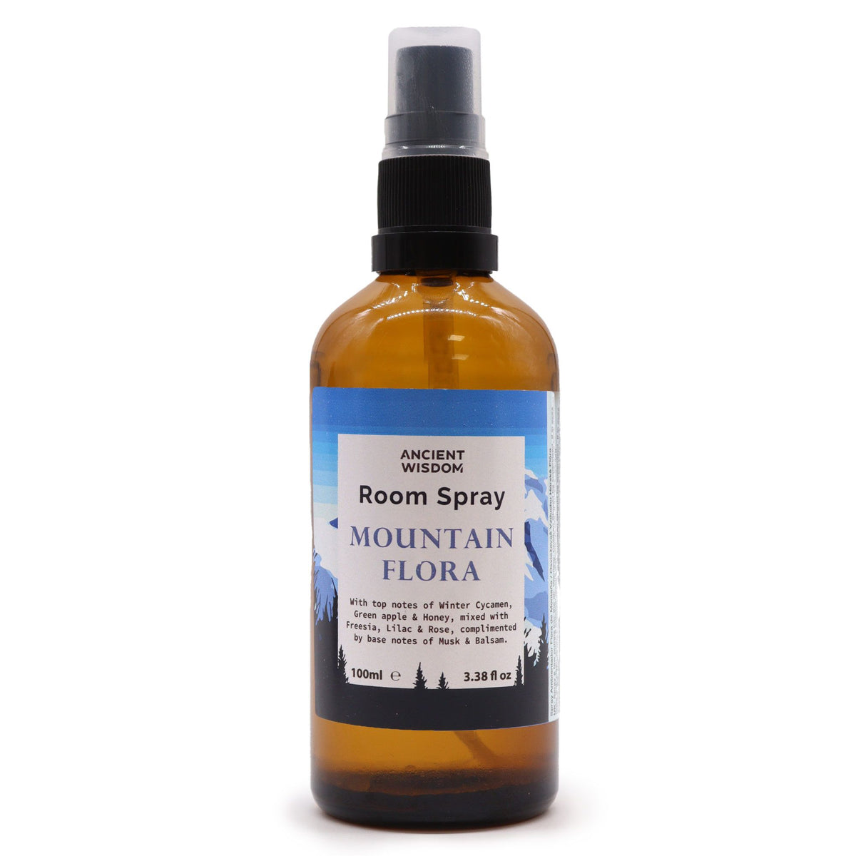 Home Fresh Room Spray, Mountain Flora 100ml, amber bottle with blue and white label, front view