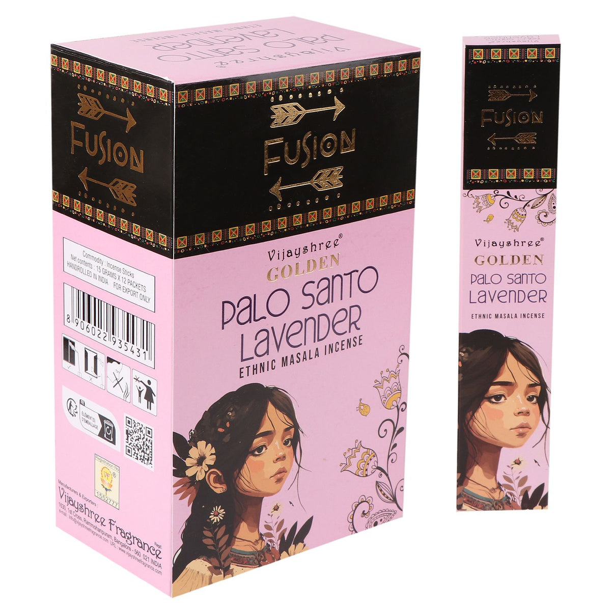 15g Golden Palo Santo and Lavender incense in a pink and black box beside its slim front-facing carton