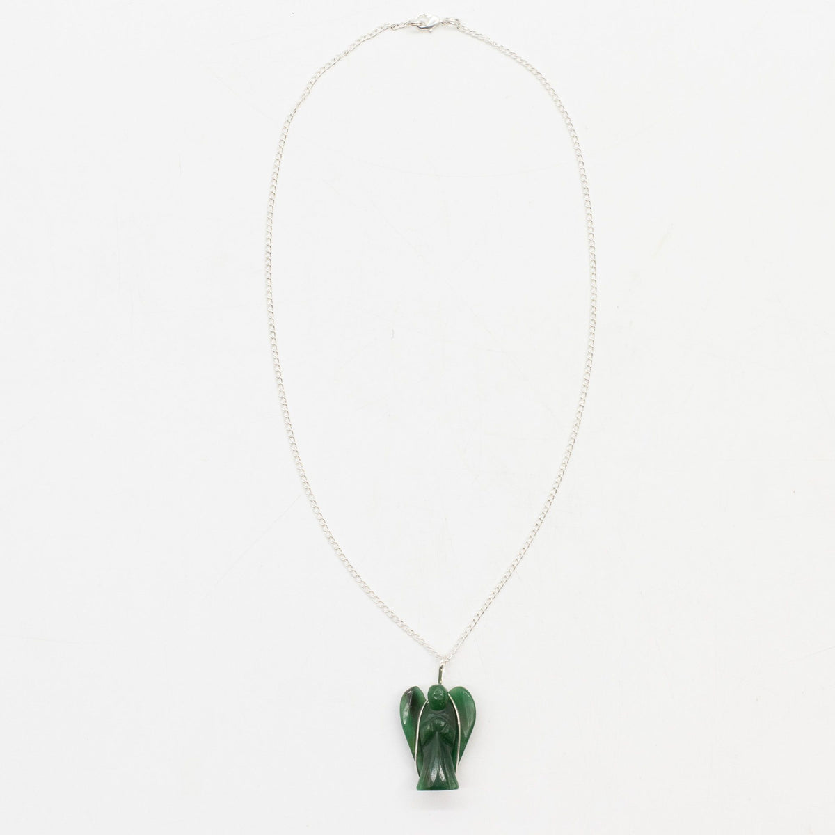 Gemstone Guardian Angel Pendant, Green Aventurine on a fine silver-coloured chain, full front view