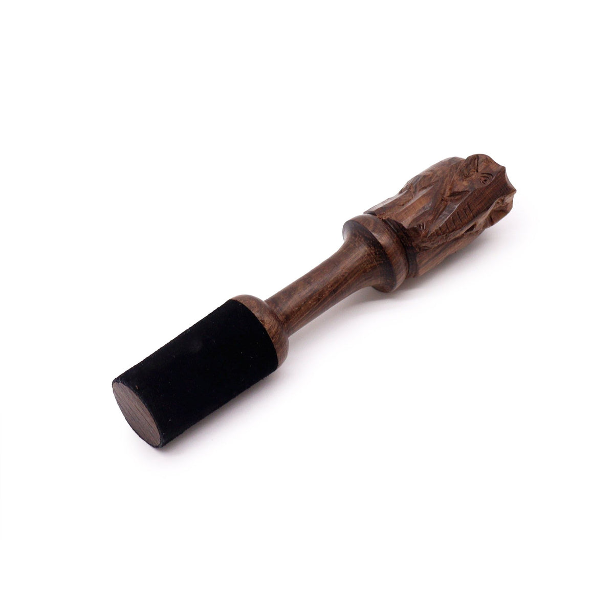 Wooden Stick, 14cm, Elephant Carving, dark brown stick with a black end shown diagonally on white