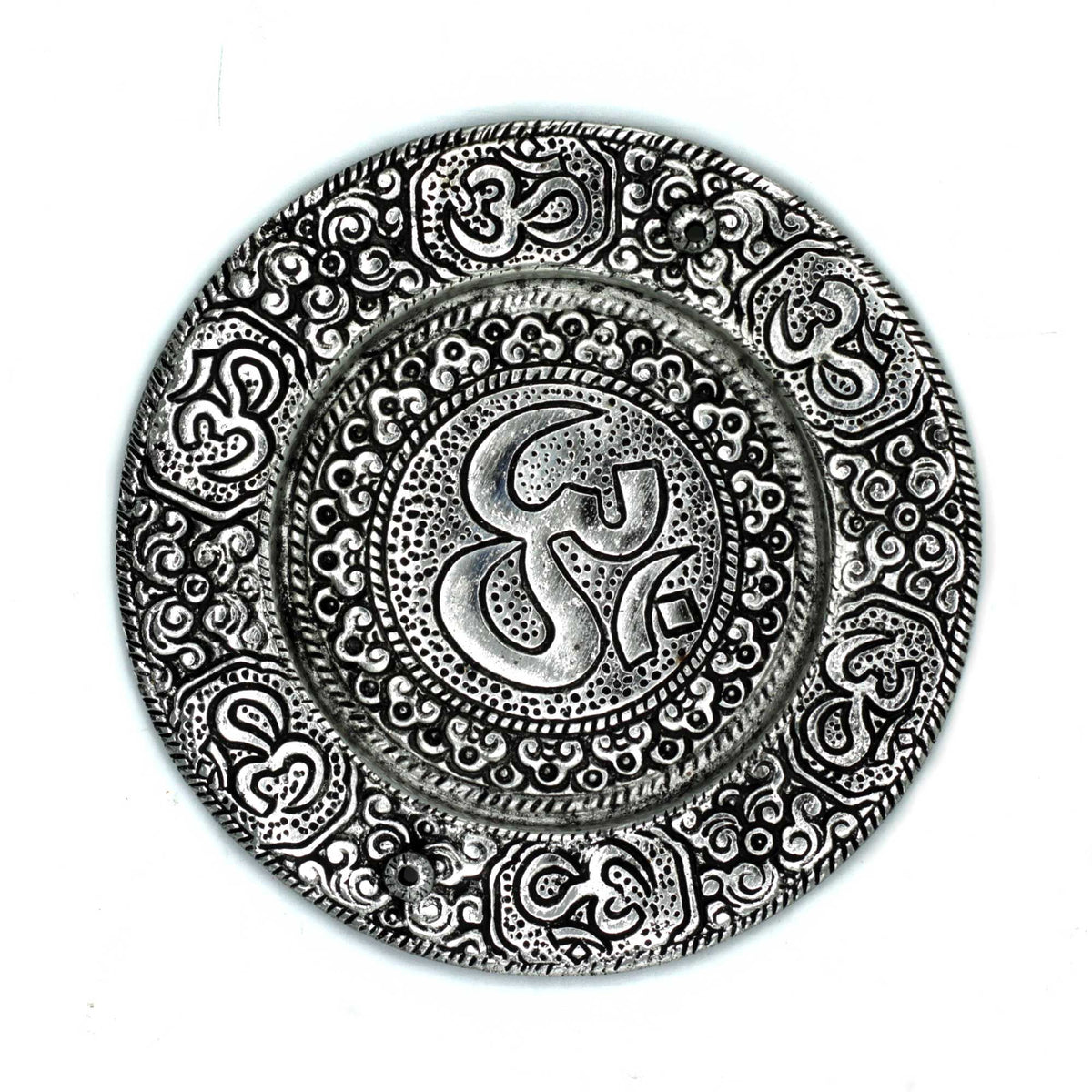 Polished Aluminium Om Round Incense Holder 11cm, round silver plate with an ornate black Om design, viewed from above