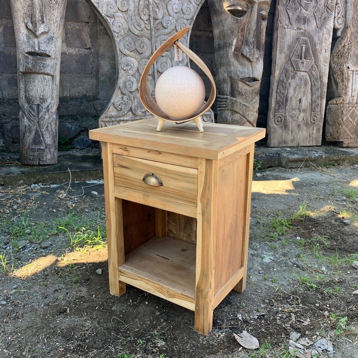 Bedside Table, Classic, Recycled Wood, light wood bedside table with drawer and open shelf outdoors