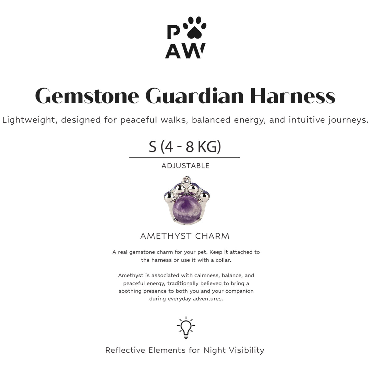 Harness packaging showing the amethyst charm and reflective details