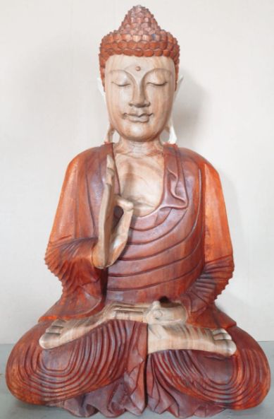 Hand Carved Buddha Statue, 60cm Teaching Transmission seated front view with reddish and pale carved details