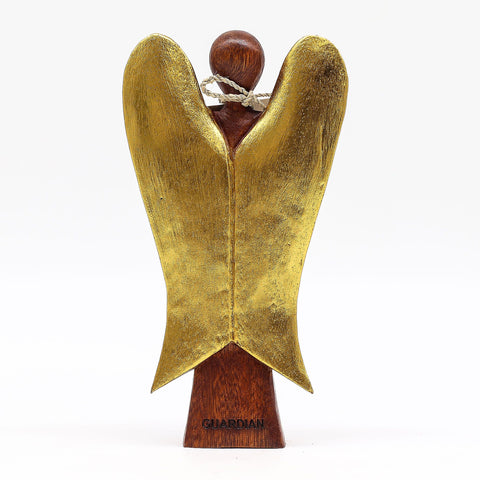 New Hati-Hati Angel, Guardian, a front view of a brown figure with large gold wings