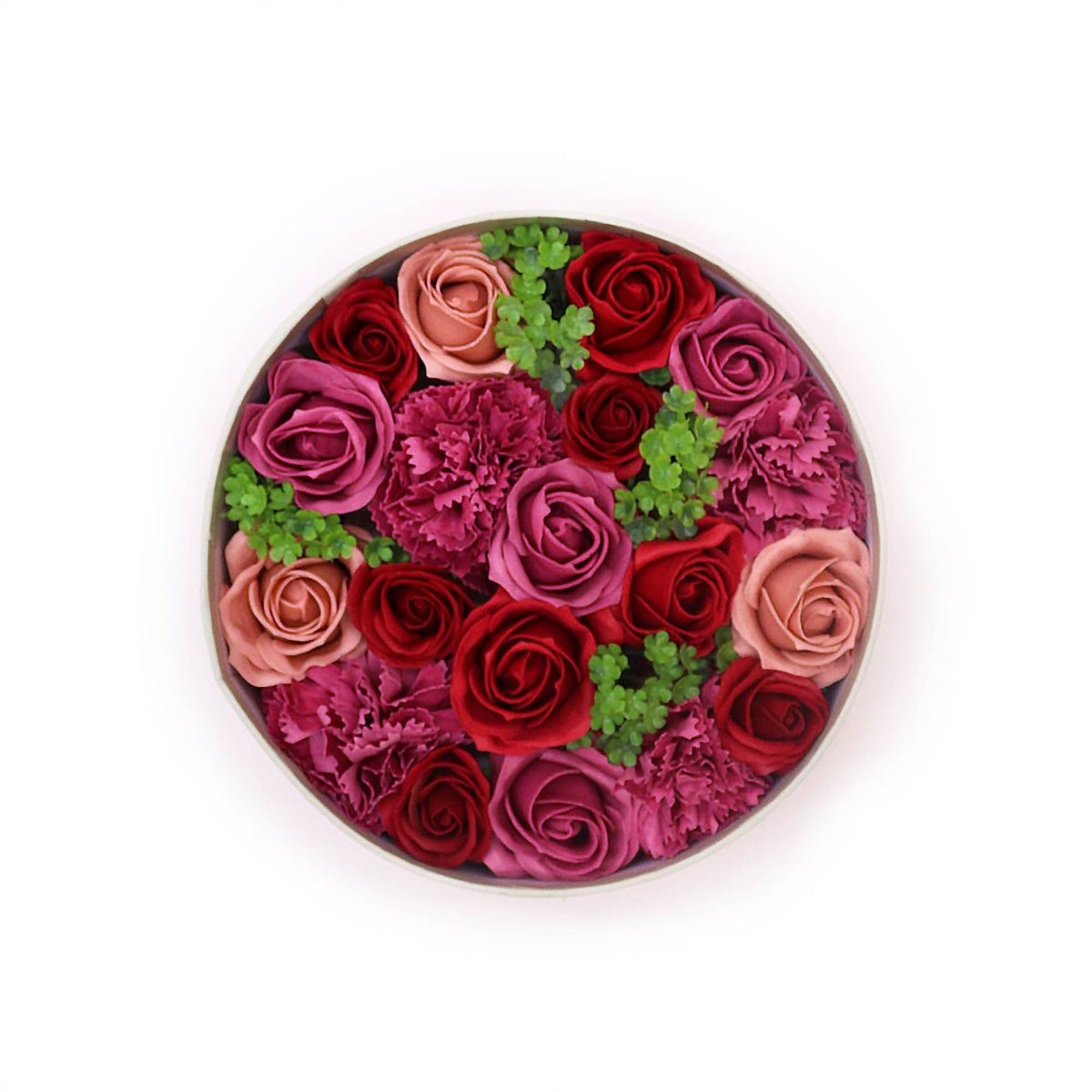 Vintage Roses round box viewed from above, showing its colourful flower arrangement against white