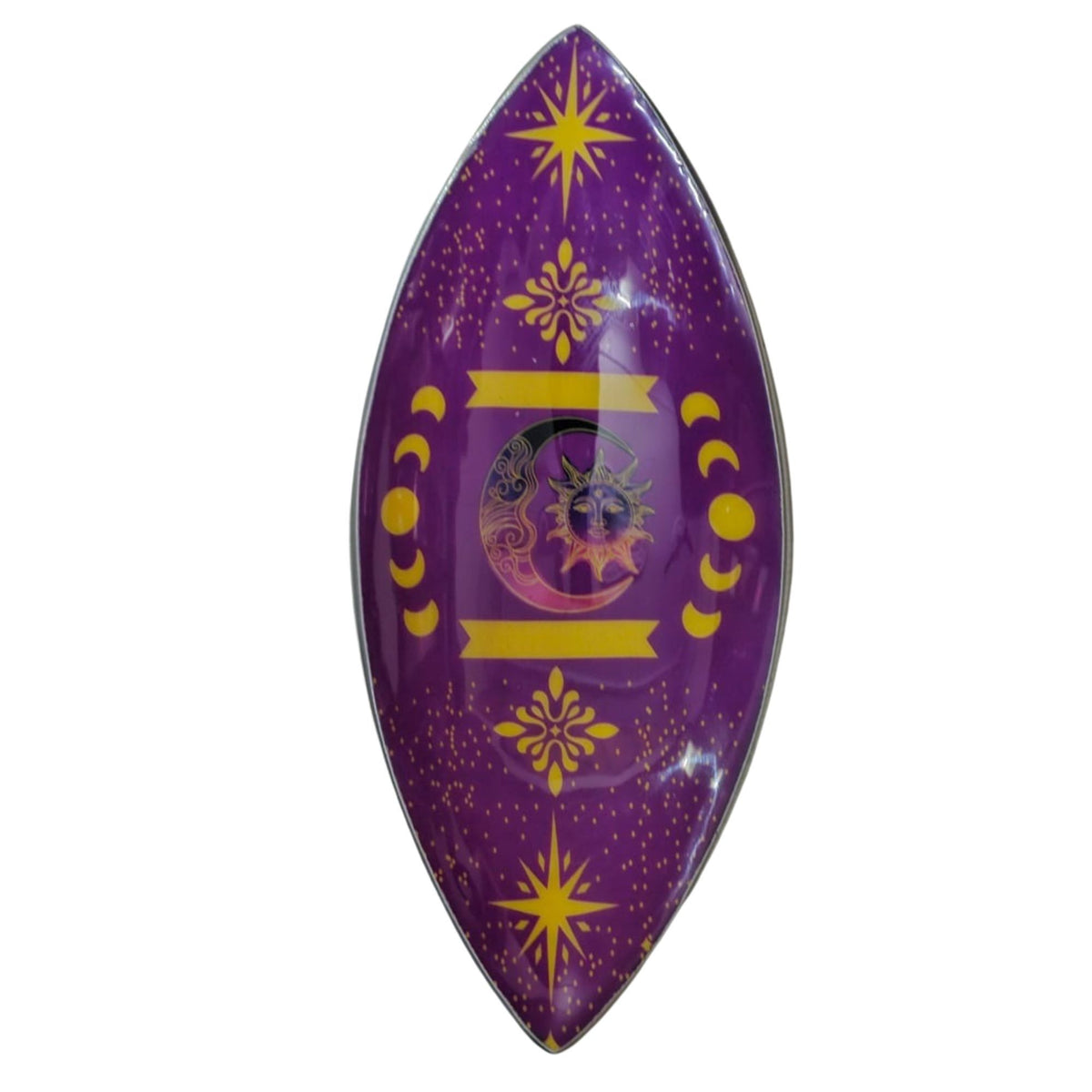 Enamel Incense Bowl, Aluminum, Purple Sun & Moon Phases, oval purple bowl with gold celestial motifs