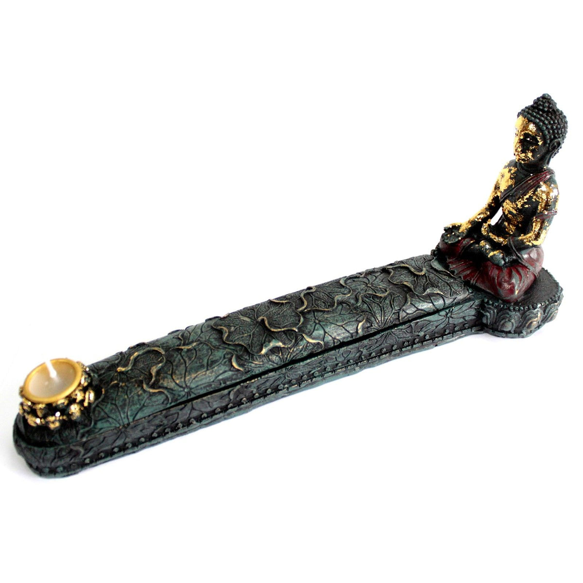 Incense Burner and Box: a carved leaf-pattern box with a seated Buddha figure at one end