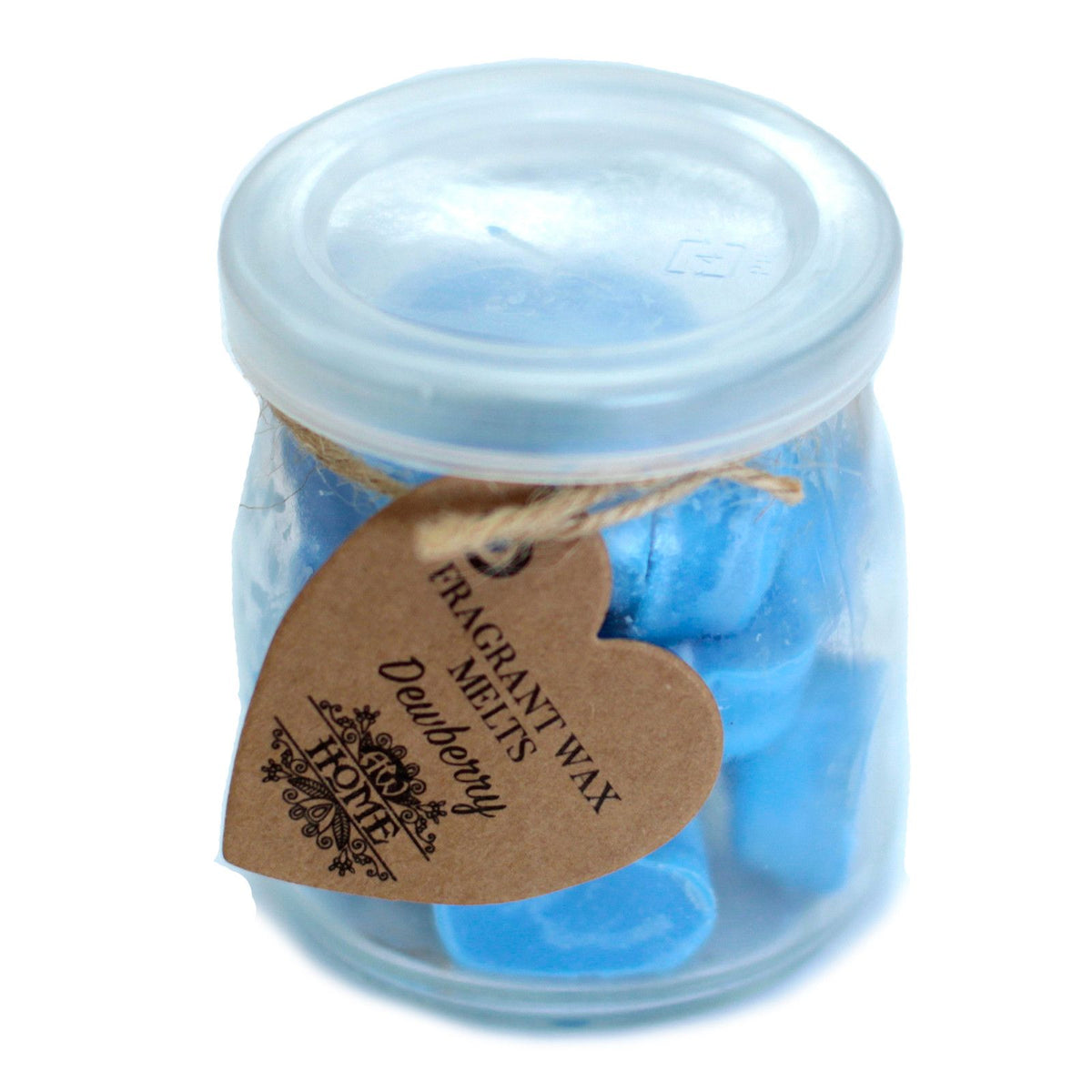 Dewberry soywax melts jar closed with a clear lid, showing blue melts and a brown heart-shaped tag