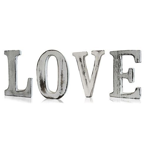 Shabby Chic Letters, LOVE, four distressed grey letters standing in a row against a white background