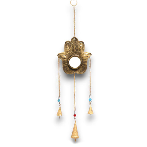 Hamsa mirror chime shown hanging against white, with its three chains, coloured beads and bells visible