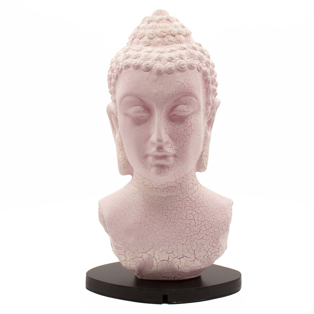 Buddha Bust Lamp Cherry Crackle, Oval stand, pale pink bust on a black oval base, front view