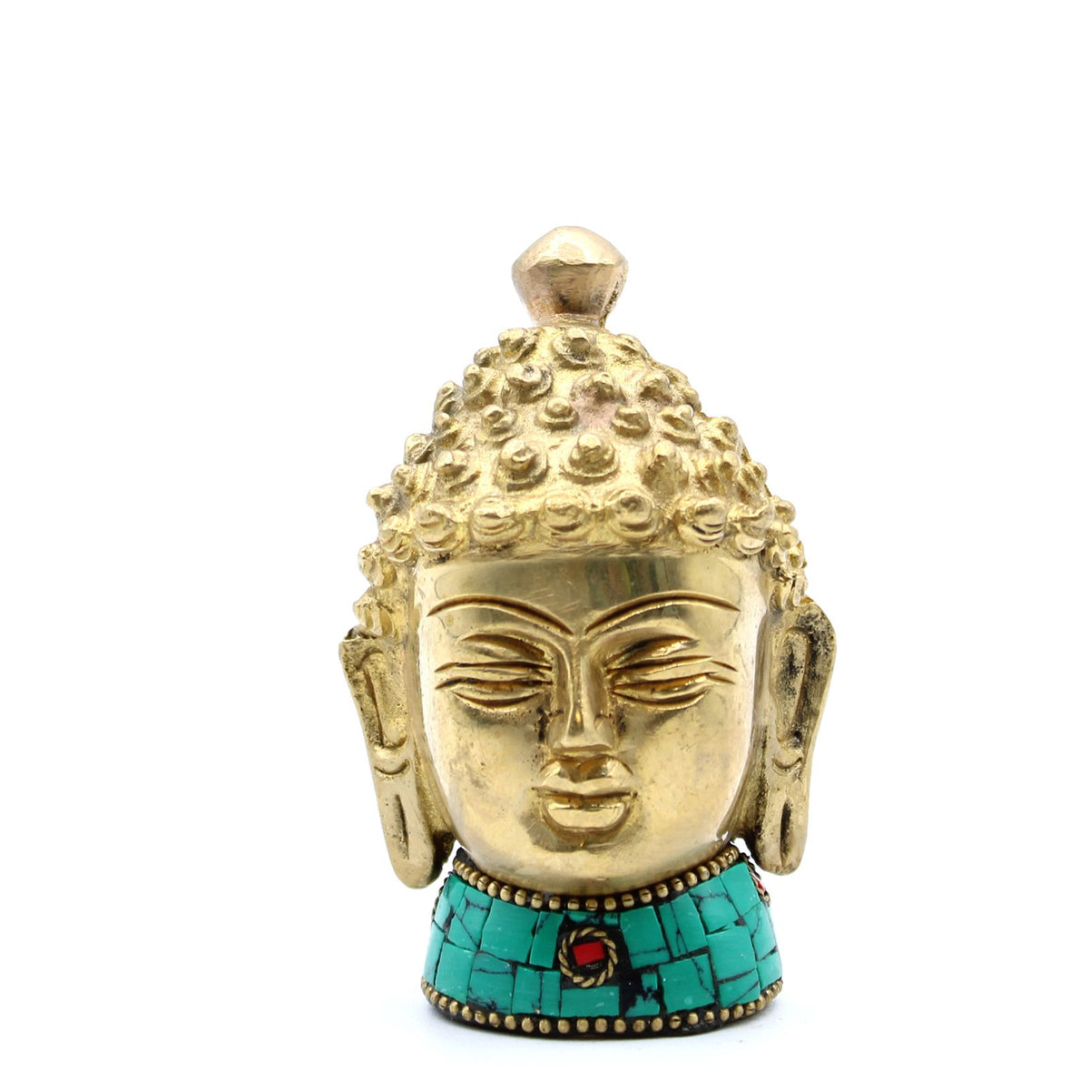 Buddha head facing forwards against a plain white background, with gold curls and turquoise base