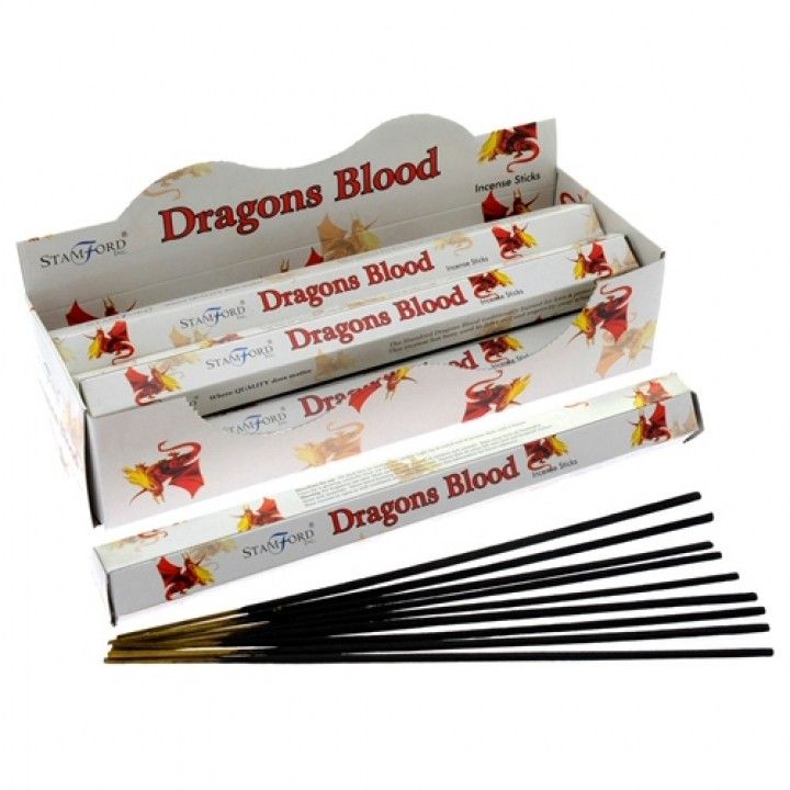Dragons Blood Premium Incense in white Stamford boxes, with black incense sticks displayed in front