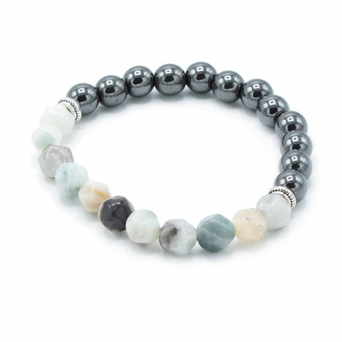 Mountain Jade bracelet arranged in a circle, showing polished dark grey and pale mottled beads