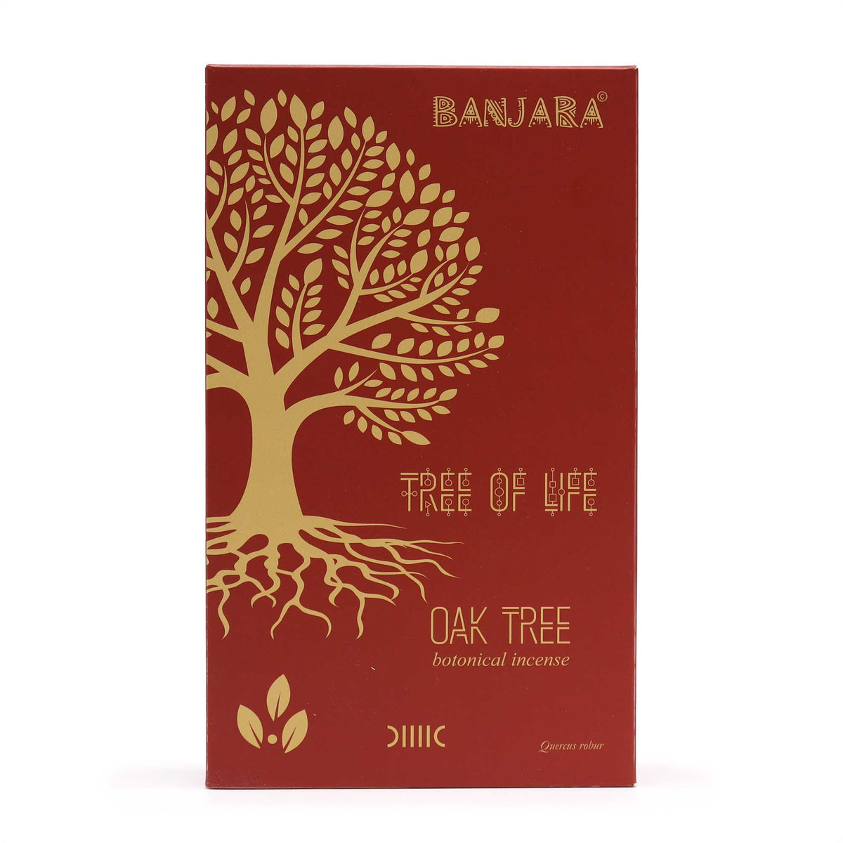 Oak Tree incense box shown upright from the front, red packaging with a gold tree design